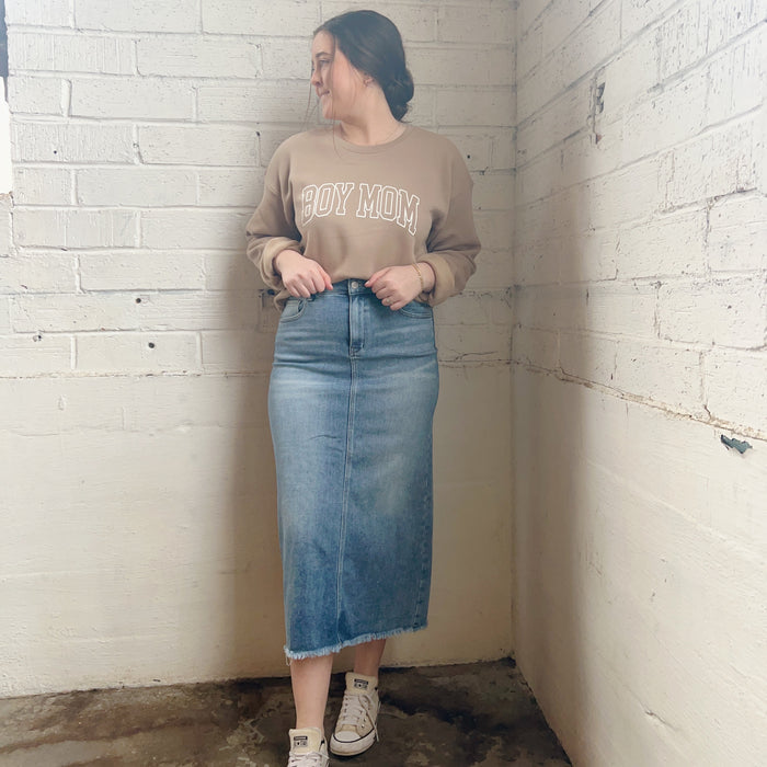 High Rise Frayed Mid Skirt