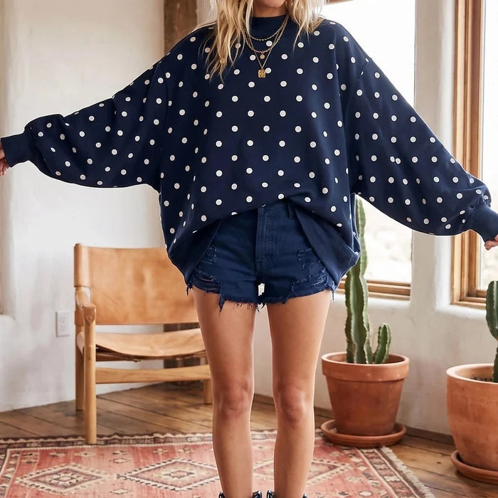 Oversized Blue Polka Dot Scuba Pullover